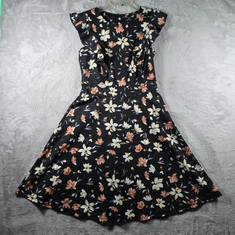 Yathon Floral Fit and Flare Dress Womens Large Black Ruffle Sleeveless Summer